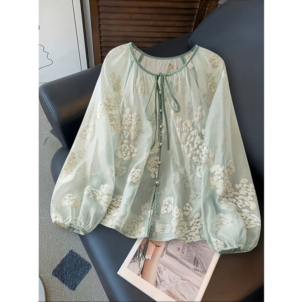 Unbranded Sheer Mint‎ Green Floral Embroidered Tie Neck Blouse Pearl Top NEW